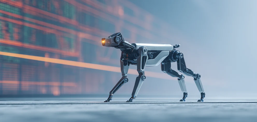 Unitree-style quadruped robot walking in front of a wall of market tickers behind the live UNITREE market chart.