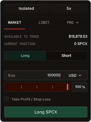 Hyperdash의 SPCX 거래 티켓